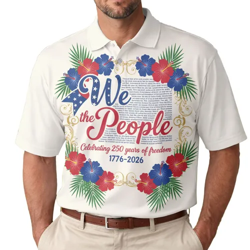 America 250th We The People Ribbon Script Polo Hibiscus 1776 Freedom Commemorative Men's Polo Shirt (Lightweight)