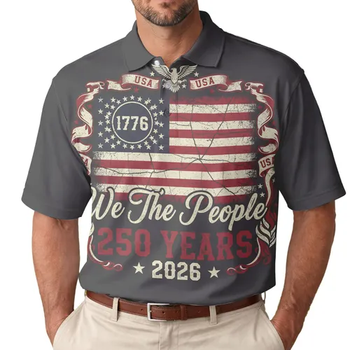 Patriotic Americana 250th Anniversary Distressed Flag 1776 We The People Design Men's Polo Shirt (Lightweight)