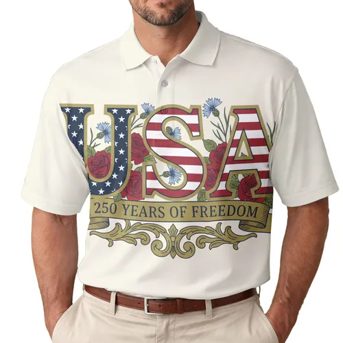 America 250th Anniversary: Patriotic Vintage USA Floral Freedom Banner Scrollwork Men's Polo Shirt (Lightweight)