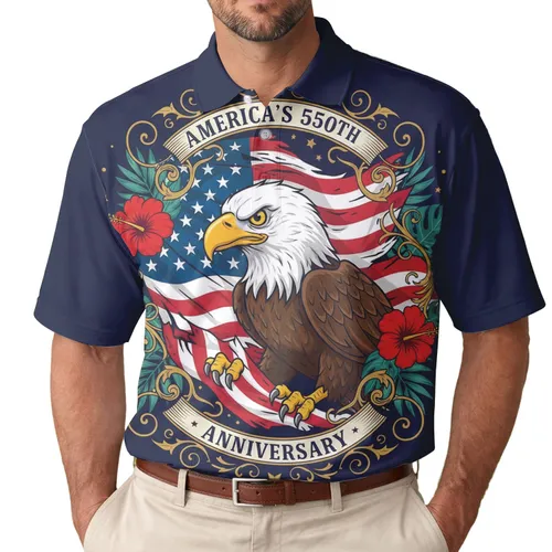 America 250th Eagle Distressed Flag Tropical Hibiscus Gold Scrollwork Navy Blue Men's Polo Shirt (Lightweight)