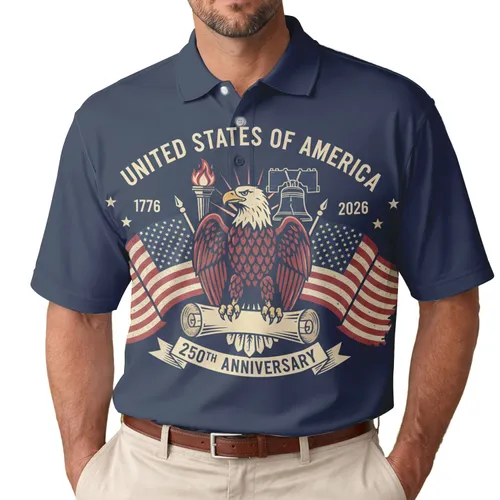 USA 250th Anniversary: Eagle Liberty Bell Patriotic Emblem 1776-2026 Flags Men's Polo Shirt (Lightweight)