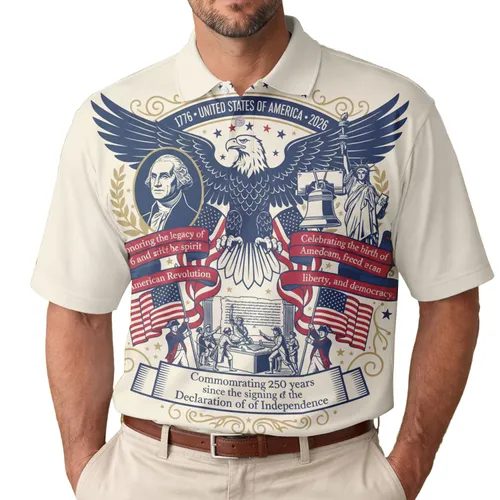 Patriotic America 250th USA Bald Eagle Flags Washington Liberty Bell Declaration 1776 Men's Polo Shirt (Lightweight)