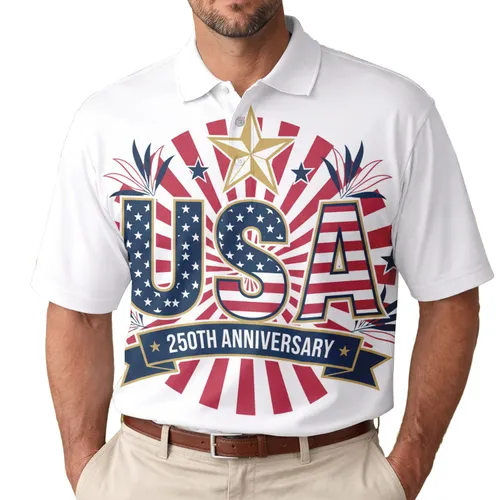 USA 250th Anniversary Patriotic Tropical Stars Stripes Golden Star Sunburst Men's Polo Shirt (Lightweight)