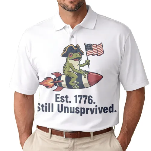 America 250th Birthday: Colonial Frog Rocket, USA Flag, Est. 1776 Unsupervised Men's Polo Shirt (Lightweight)