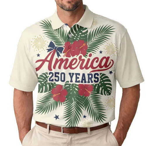 America 250th Heritage Patriotic Polo Ribbon Hibiscus Palm Stars Cream Men's Polo Shirt (Lightweight)