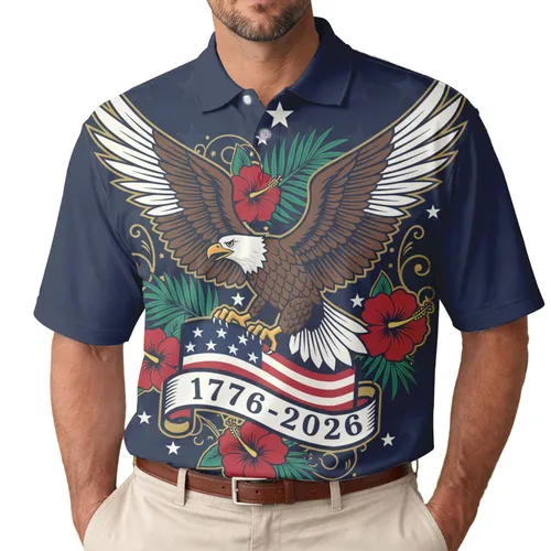 Patriotic 250th Anniversary Eagle 1776-2026 Scroll Hibiscus Palm Stars Navy Men's Polo Shirt (Lightweight)