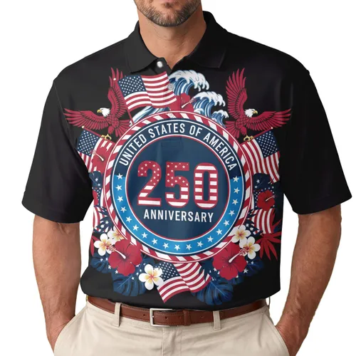 USA 250th Anniversary Emblem: Patriotic Polo Stars Stripes Circle Badge 1776 Men's Polo Shirt (Lightweight)