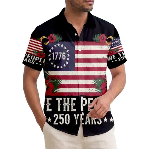 USA 250th Anniversary Distressed Flag WE THE PEOPLE 1776 Hawaiian Hibiscus Scroll Short-sleeve Hawaiian Shirt