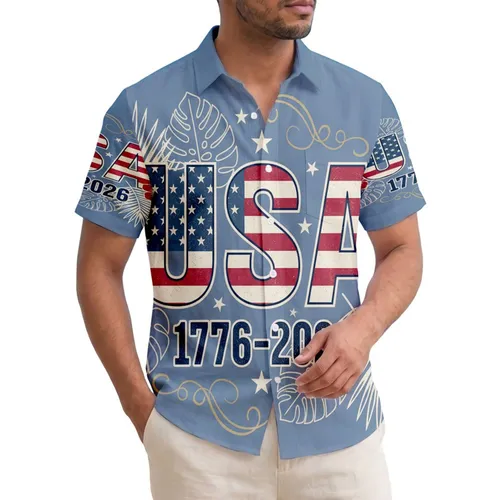 America 250th: Distressed USA Flag 1776-2026 Tropical Hawaiian Patriotic Design Short-sleeve Hawaiian Shirt