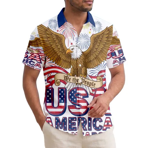 USA 250th Anniversary Bald Eagle 'We the People' Scroll Flag Ribbons Fireworks Short-sleeve Hawaiian Shirt