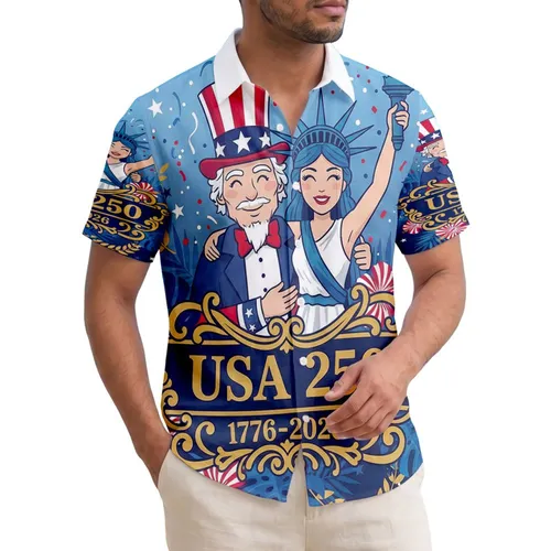 America 250th Anniversary: Uncle Sam Lady Liberty Embrace, Tropical Patriotic 1776-2026 Short-sleeve Hawaiian Shirt