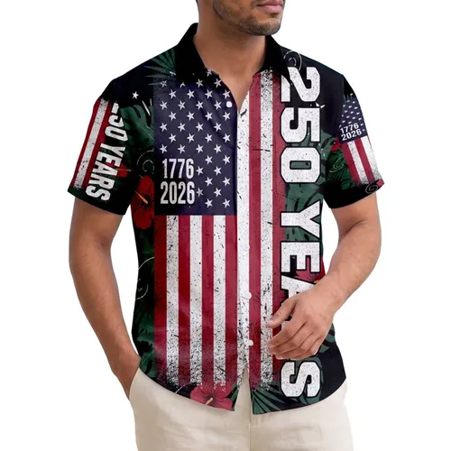 America's 250th Birthday: Distressed US Flag 1776-2026 Tropical Hibiscus Design Short-sleeve Hawaiian Shirt