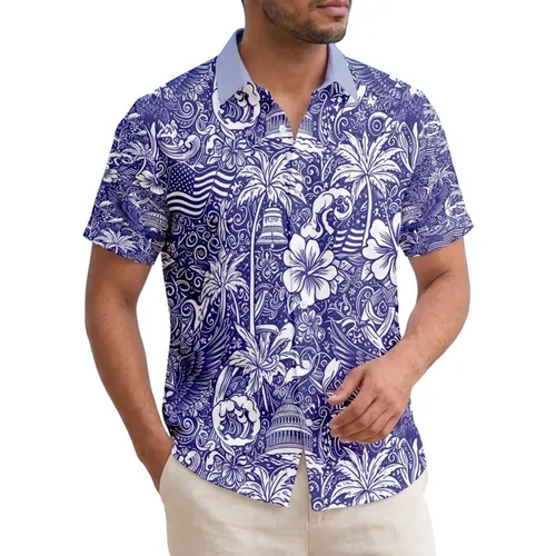 America 250th Birthday Patriotic Toile: Eagles, Liberty, Capitol, Washington, Tropical Motif Short-sleeve Hawaiian Shirt