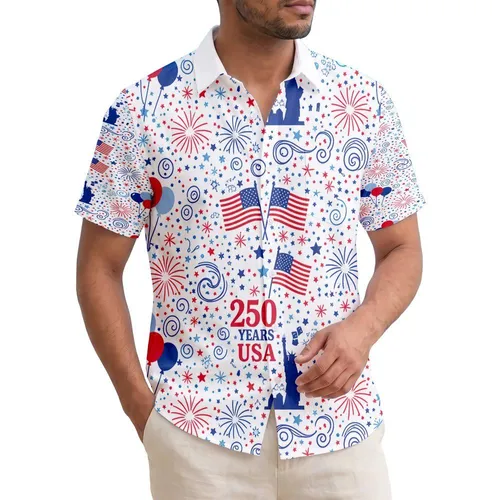 Patriotic America 250th Hawaiian Flag Statue Liberty Fireworks Balloons Star Dot Short-sleeve Hawaiian Shirt