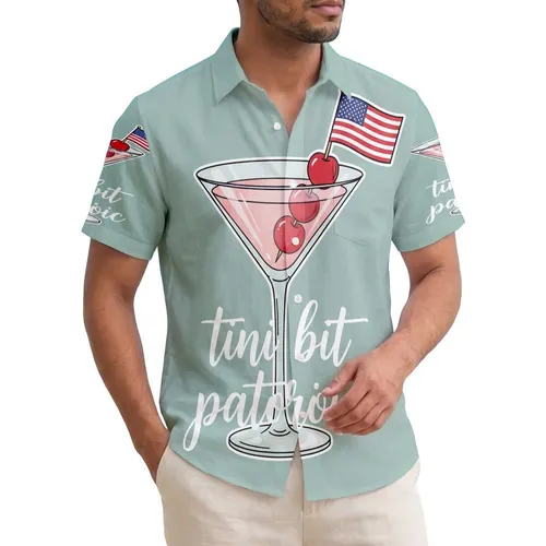 America 250th Birthday Martini Glass Flag 'tini bit patriotic' Script Seafoam Short-sleeve Hawaiian Shirt