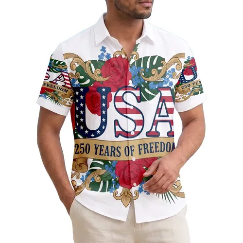 USA 250th Anniversary: Americana Hawaiian Patriotic Blue Stars Red Stripes Scrollwork Short-sleeve Hawaiian Shirt