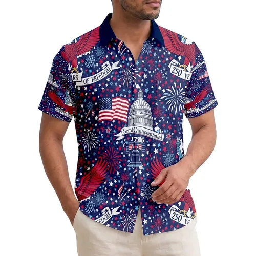 USA 250th Anniversary: Patriotic Eagles, Liberty, Capitol, Bell Arrangement Short-sleeve Hawaiian Shirt
