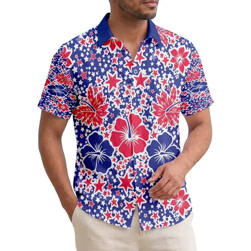 USA 250th Anniversary Patriotic Tropical Star Mosaic Red White Blue, Est. 1776 Short-sleeve Hawaiian Shirt