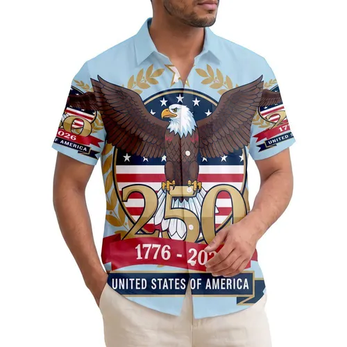 America 250th Anniversary Bald Eagle 1776-2026 Flag Laurel Wreath Patriotic Short-sleeve Hawaiian Shirt