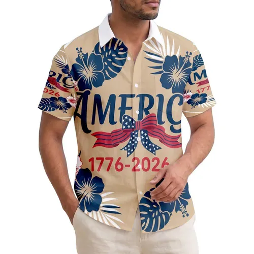 America 250th 1776-2026: Blue Script Red Stripe Star Ribbon Bow Patriotic Short-sleeve Hawaiian Shirt