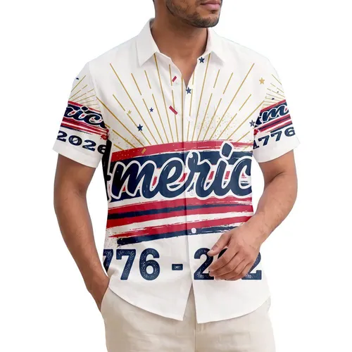America 250th Anniversary: Hawaiian Script, Navy Crimson Gold Sunburst 1776-2026 Short-sleeve Hawaiian Shirt