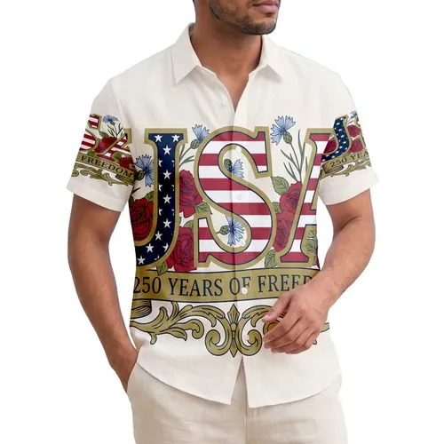America 250th Anniversary: Patriotic Vintage USA Floral Freedom Banner Scrollwork Short-sleeve Hawaiian Shirt