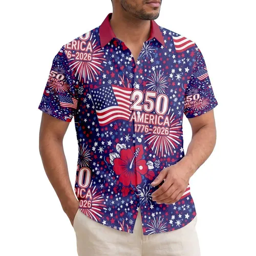 USA 250th Birthday: Waving Flags, Hibiscus, Fireworks, 1776-2026 Patriotic Pattern Short-sleeve Hawaiian Shirt