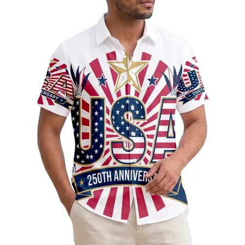 USA 250th Anniversary Patriotic Tropical Stars Stripes Golden Star Sunburst Short-sleeve Hawaiian Shirt