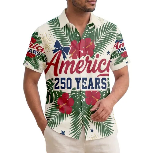 America 250th Heritage Patriotic Hawaiian Ribbon Hibiscus Palm Stars Cream Short-sleeve Hawaiian Shirt
