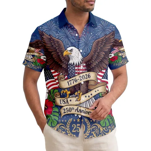 America 250th Anniversary Eagle: Patriotic Flag Hibiscus Scrollwork 1776-2026 Short-sleeve Hawaiian Shirt