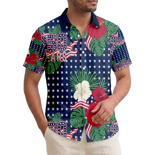 USA 250th Anniversary: Patriotic Hawaiian Hibiscus Stars & '250 Years' Banners Short-sleeve Hawaiian Shirt