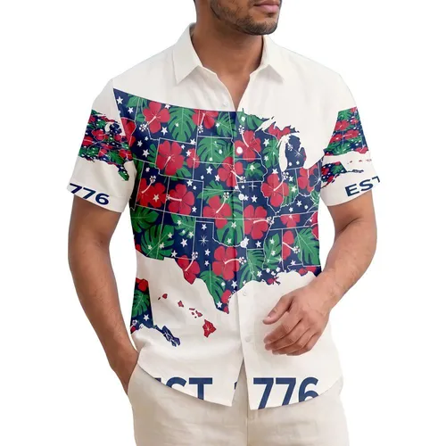 America 250th Anniversary Patriotic Hawaiian Map Silhouette Tropical Flowers EST. 1776 Short-sleeve Hawaiian Shirt