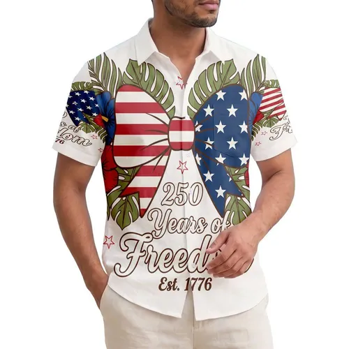America 250th Celebration: Americana Bow, Est. 1776 Freedom Script, Tropical Foliage Short-sleeve Hawaiian Shirt