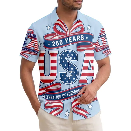 America 250th Anniversary Freedom 1776-2026 USA Flag Stars Stripes Tropical Ribbon Short-sleeve Hawaiian Shirt