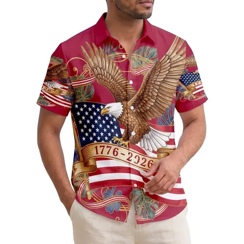 America 250th Anniversary: Soaring Bald Eagle Flag Tropical Gold Scrollwork Crimson Short-sleeve Hawaiian Shirt