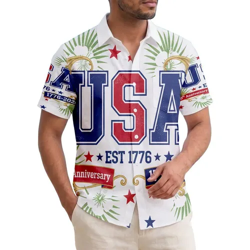 America 250th Anniversary Patriotic USA EST 1776 Distressed Collegiate Hibiscus Palm Stars Short-sleeve Hawaiian Shirt
