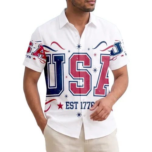 America 250th Birthday USA EST 1776 Patriotic Distressed Collegiate Tropical Celebration Print Short-sleeve Hawaiian Shirt