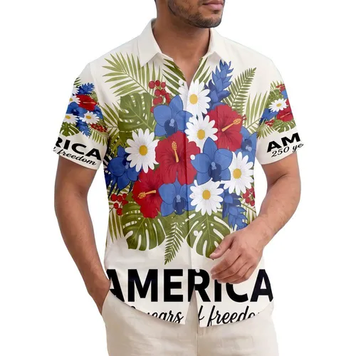 America's 250th: Patriotic Hawaiian Floral, Red Blue White Bouquet, Est. 1776 Freedom Short-sleeve Hawaiian Shirt