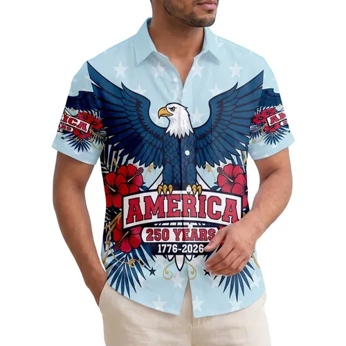 America 250th Anniversary Eagle: Patriotic Hawaiian Hibiscus Palm Fronds 1776-2026 Short-sleeve Hawaiian Shirt