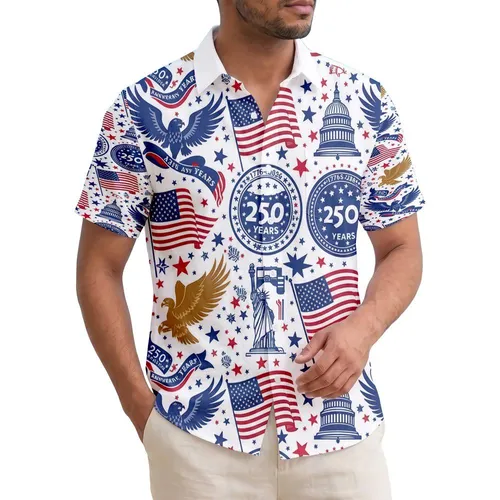 USA 250th Anniversary Patriotic Tropical Print: Flag Eagle Liberty Bell Capitol Est. 1776 Short-sleeve Hawaiian Shirt