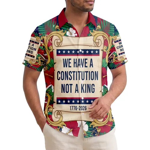 America 250th Anniversary: Constitution Scroll, Patriotic Tropical Palms & Hibiscus, 1776-2026 Short-sleeve Hawaiian Shirt