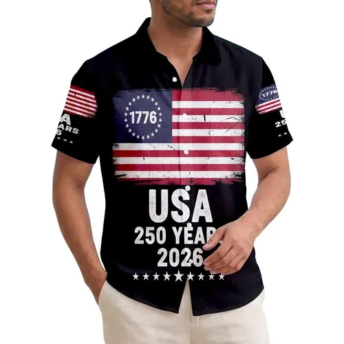 America 250th Anniversary 1776 Vintage Flag - USA 2026 Crimson Red Navy Blue Black Short-sleeve Hawaiian Shirt