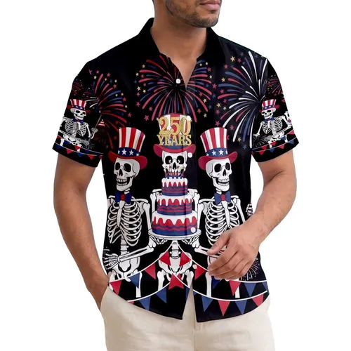 America 250th Anniversary Patriotic Skeletons Uncle Sam Flags Cake Fireworks Bunting Short-sleeve Hawaiian Shirt