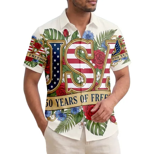 USA 250th Anniversary Patriotic Hawaiian Gold Bevel Lettering Stars Stripes Red Roses Short-sleeve Hawaiian Shirt