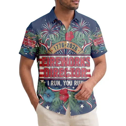 Fireworks Director USA 250th Birthday 1776-2026 Patriotic Hawaiian Palm Star Short-sleeve Hawaiian Shirt