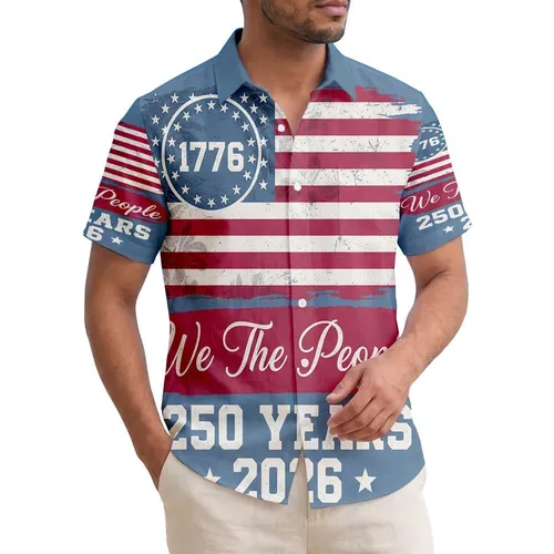 America 250th Flag: 'We The People' 1776, 13 Stars Distressed Tropical Americana 2026 Short-sleeve Hawaiian Shirt