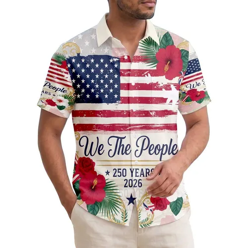 America 250th Birthday Distressed Flag, We The People 2026, Jet Planes, Tropical Gold Scroll Short-sleeve Hawaiian Shirt