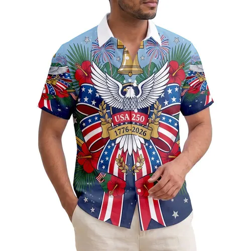 America 250th Commemorative Eagle Bow Liberty Bell Star Design Short-sleeve Hawaiian Shirt
