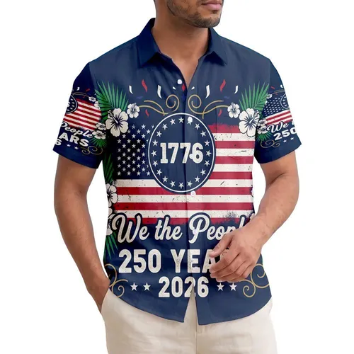 Patriotic America 250th Anniversary Distressed Flag 1776 We the People Hibiscus Palm Short-sleeve Hawaiian Shirt