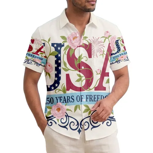 America 250th Anniversary USA Stars Crimson Peonies Freedom Banner Fireworks Short-sleeve Hawaiian Shirt